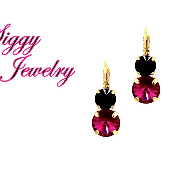 Fuchsia and Jet Black Crystal Earrings in Gold Plated Lever Back Settings - Picture 3 of 7